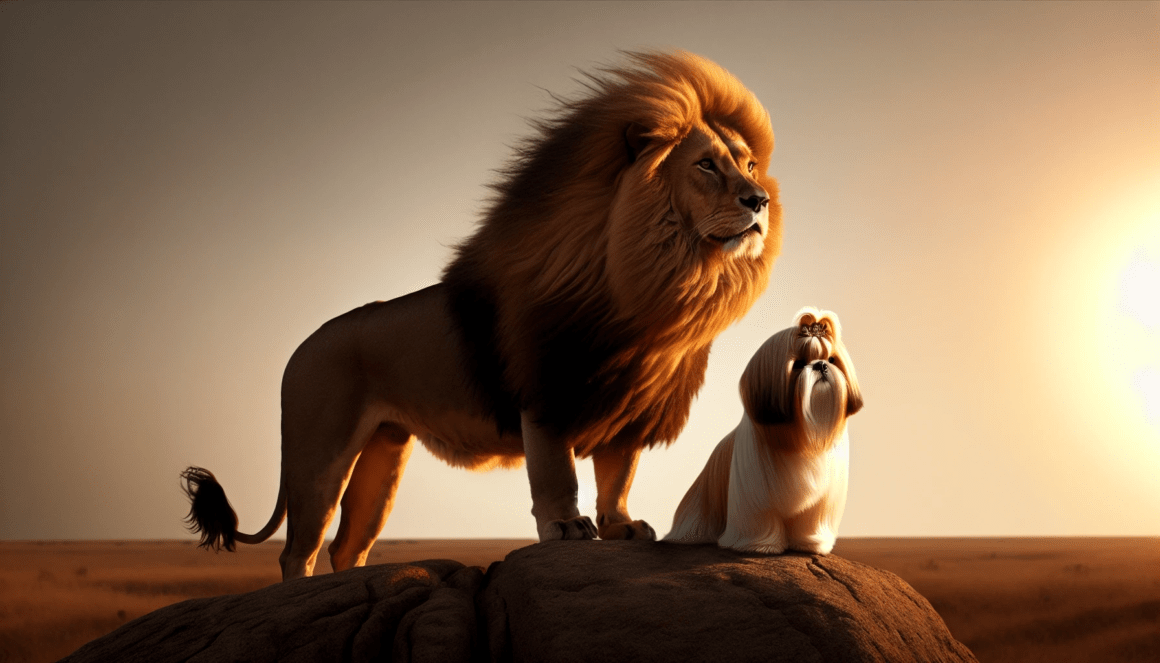 Illustration of a regal lion with a small, affectionate dog standing beside it, representing the lion dog legacy of the Shih Tzu breed